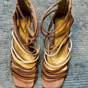 Strappy Multi Shade Earth Tone Zipper Back Heels Sandals 12w Women's 10.5m Men's